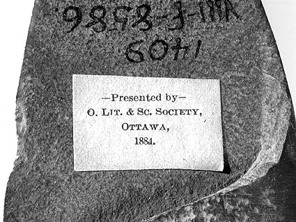 étiquette et artefact - 1884; photo : Jean-Luc Pilon